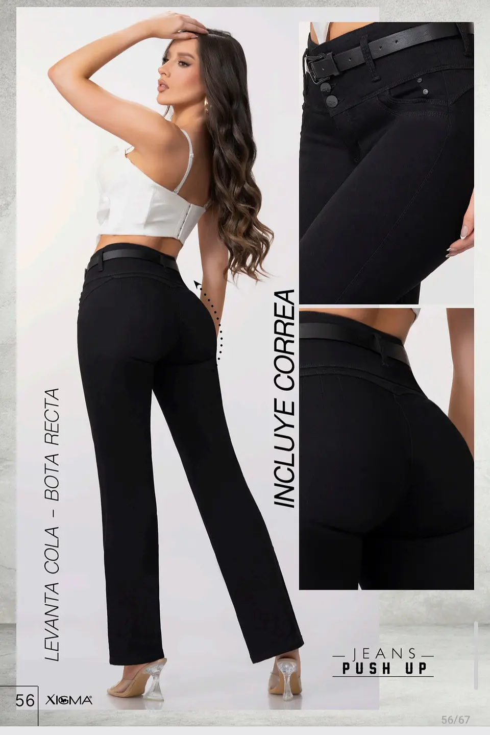 Jean Colombiano Xigma Studio 2615 Negro Push Up Bota Recta con cinturón  2