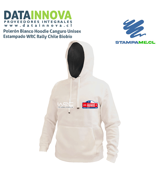 Polerón Hoodie Canguro Blanco Unisex Estampado DTF WRC Rally Chile Biobío 2023