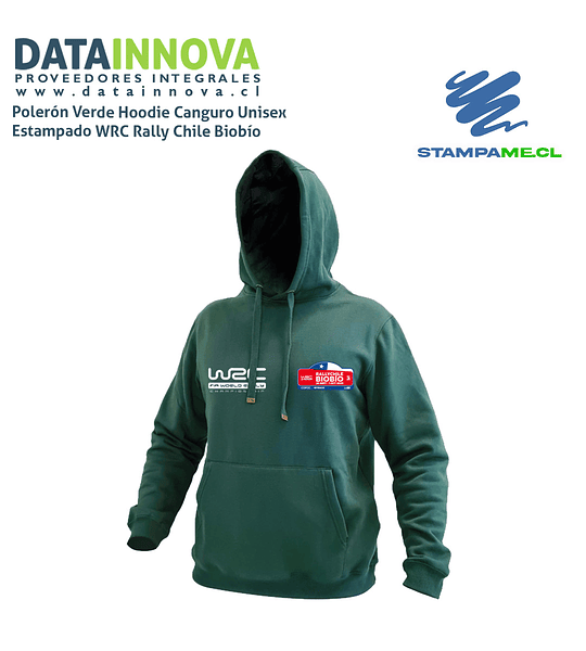 Polerón Hoodie Canguro Verde Unisex Estampado DTF WRC Rally Chile Biobío 2023