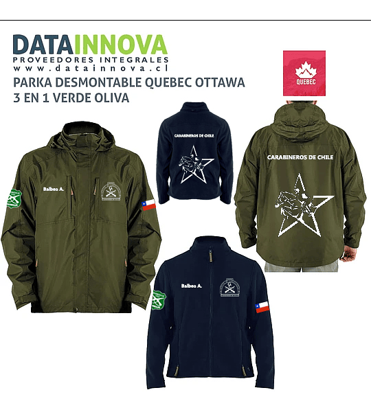 PARKA DESMONTABLE QUEBEC OTTAWA 3 EN 1 VERDE OLIVA CARABINEROS DE CHILE