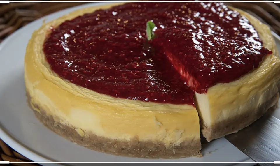 Tradicional New York  Chessecake  cubierto salsa de  Frambuesa,. 1
