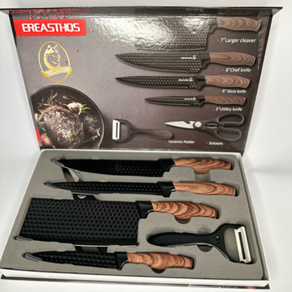 Set De 4 Cuchillos Mango De Madera + 1 Pelador Y 1 Tijera 1