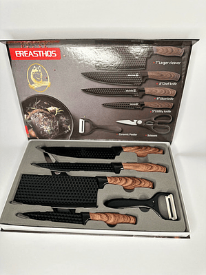 Set De 4 Cuchillos Mango De Madera + 1 Pelador Y 1 Tijera