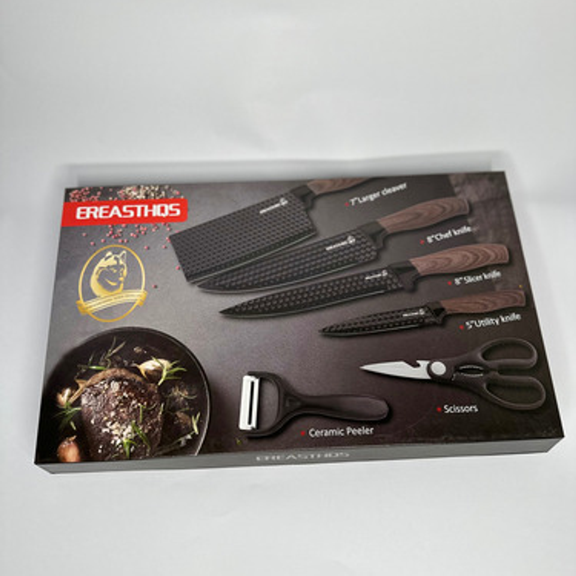 Set De 4 Cuchillos Mango De Madera + 1 Pelador Y 1 Tijera 2