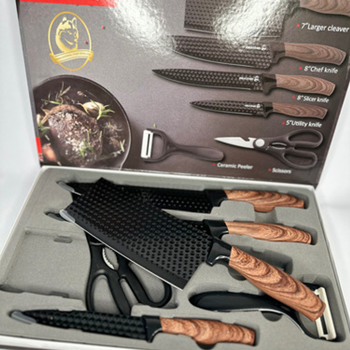 Set De 4 Cuchillos Mango De Madera + 1 Pelador Y 1 Tijera 3