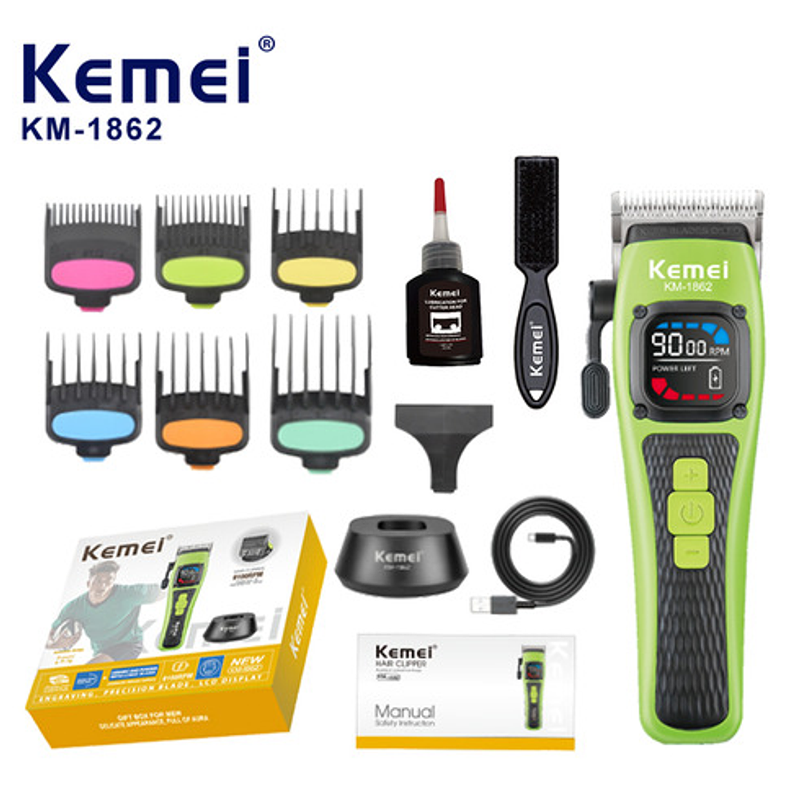 Hair Clipper 9000 Rpm Verde Km-1862 Kemei Color Verde Lima 2