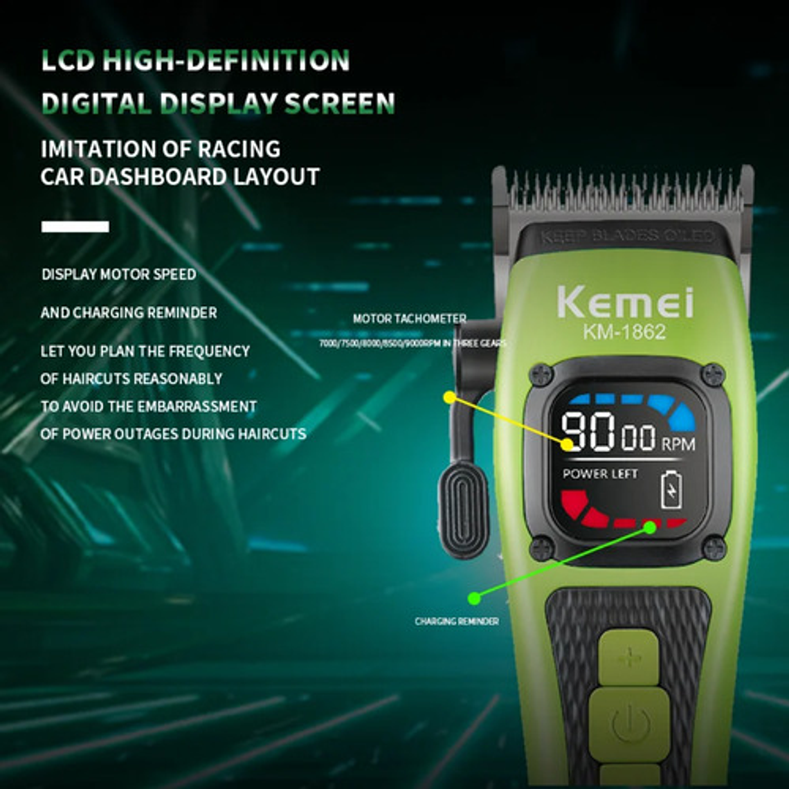 Hair Clipper 9000 Rpm Verde Km-1862 Kemei Color Verde Lima 3