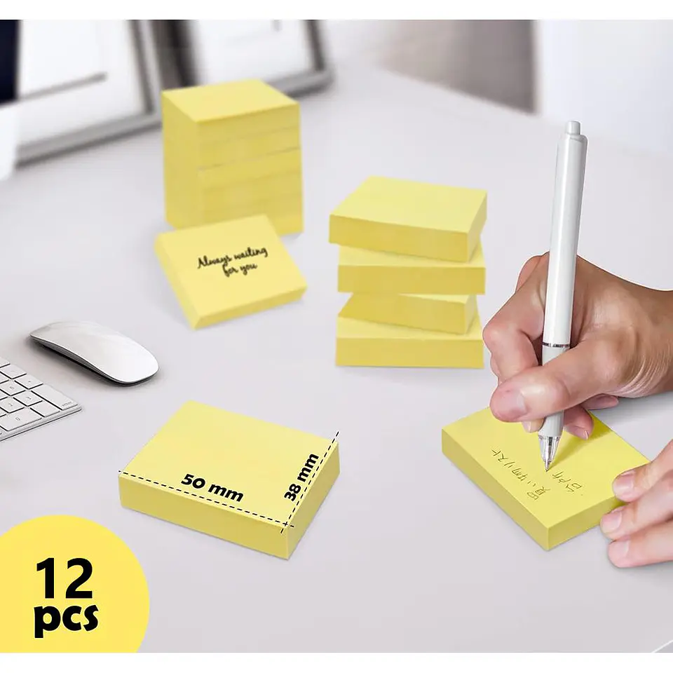 Pack 12 Notas Adhesivas 3,8 x 4,8 cm Amarillas 100 un 2