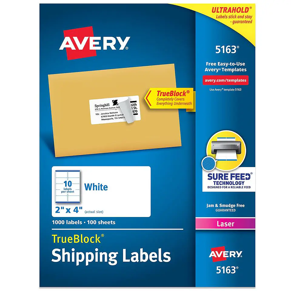 1000 Etiquetas Adhesivas Avery Laser 51x102 mm Blanca 100hjs 1