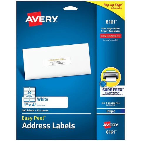 500 Etiquetas Adhesivas Avery Inkjet 25x102 mm Blanca 25hjs