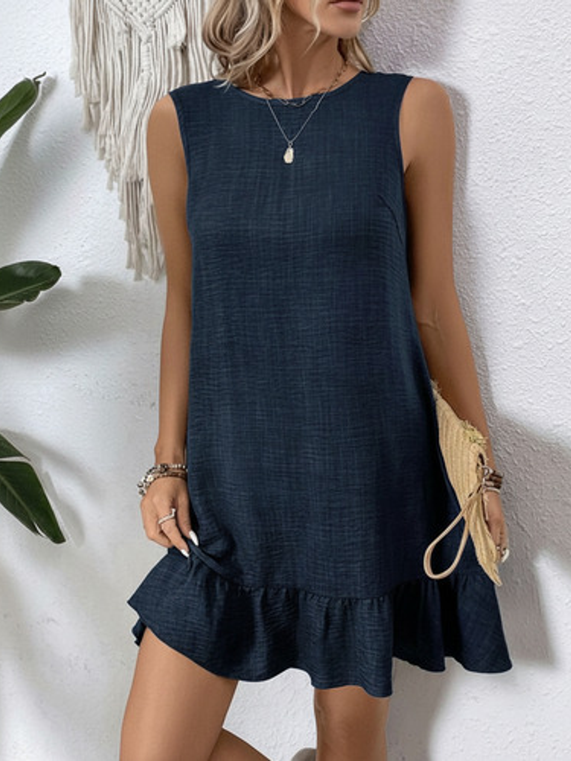 Vestido Lino Sin Mangas Cuello Redondo Mujer 1