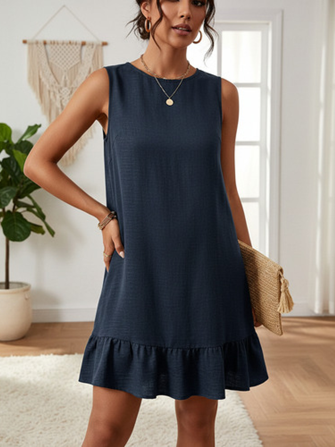 Vestido Lino Sin Mangas Cuello Redondo Mujer 6