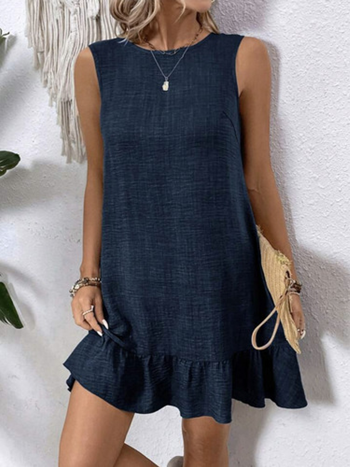Vestido Lino Sin Mangas Cuello Redondo Mujer 8