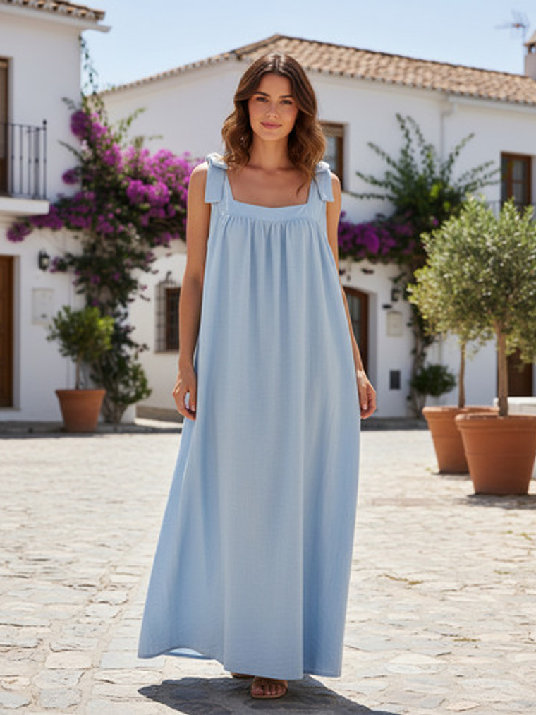 Vestidos Midi Lino Negro Y Celeste 4