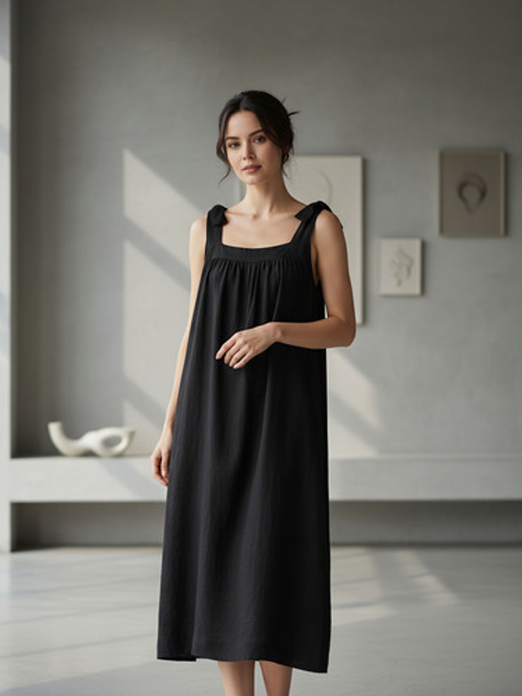 Vestidos Midi Lino Negro Y Celeste 9