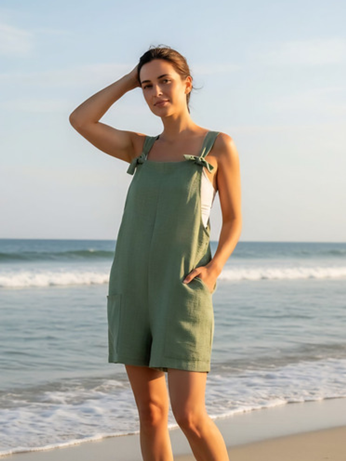 Enterito Corto De Lino Premium Con Tirantes De De Moños 19