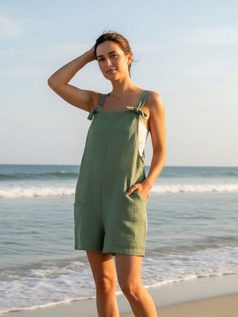 Enterito Corto De Lino Premium Con Tirantes De De Moños 19