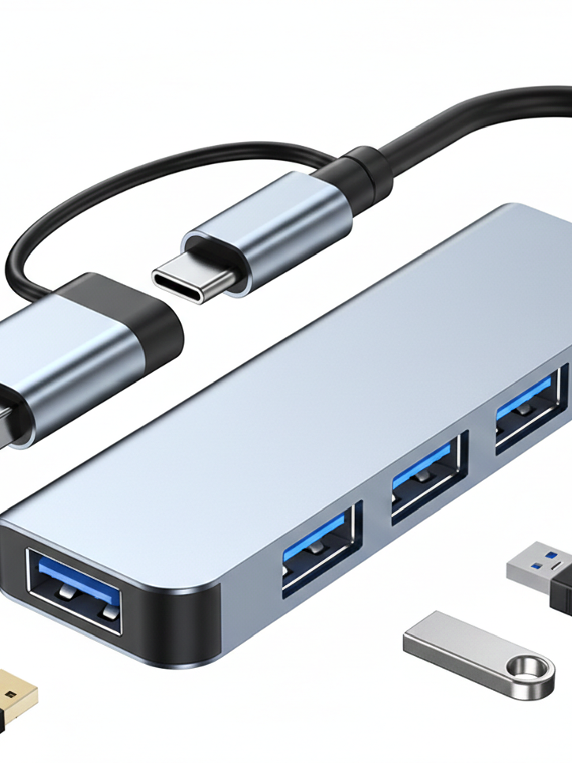 Hub USB 3.0 Aluminio 4 Puertos con Adaptador USB-C Híbrido 1