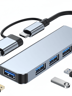 Hub USB 3.0 Aluminio 4 Puertos con Adaptador USB-C Híbrido