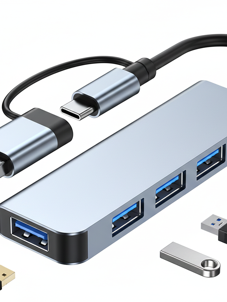 Hub USB 3.0 Aluminio 4 Puertos con Adaptador USB-C Híbrido 1