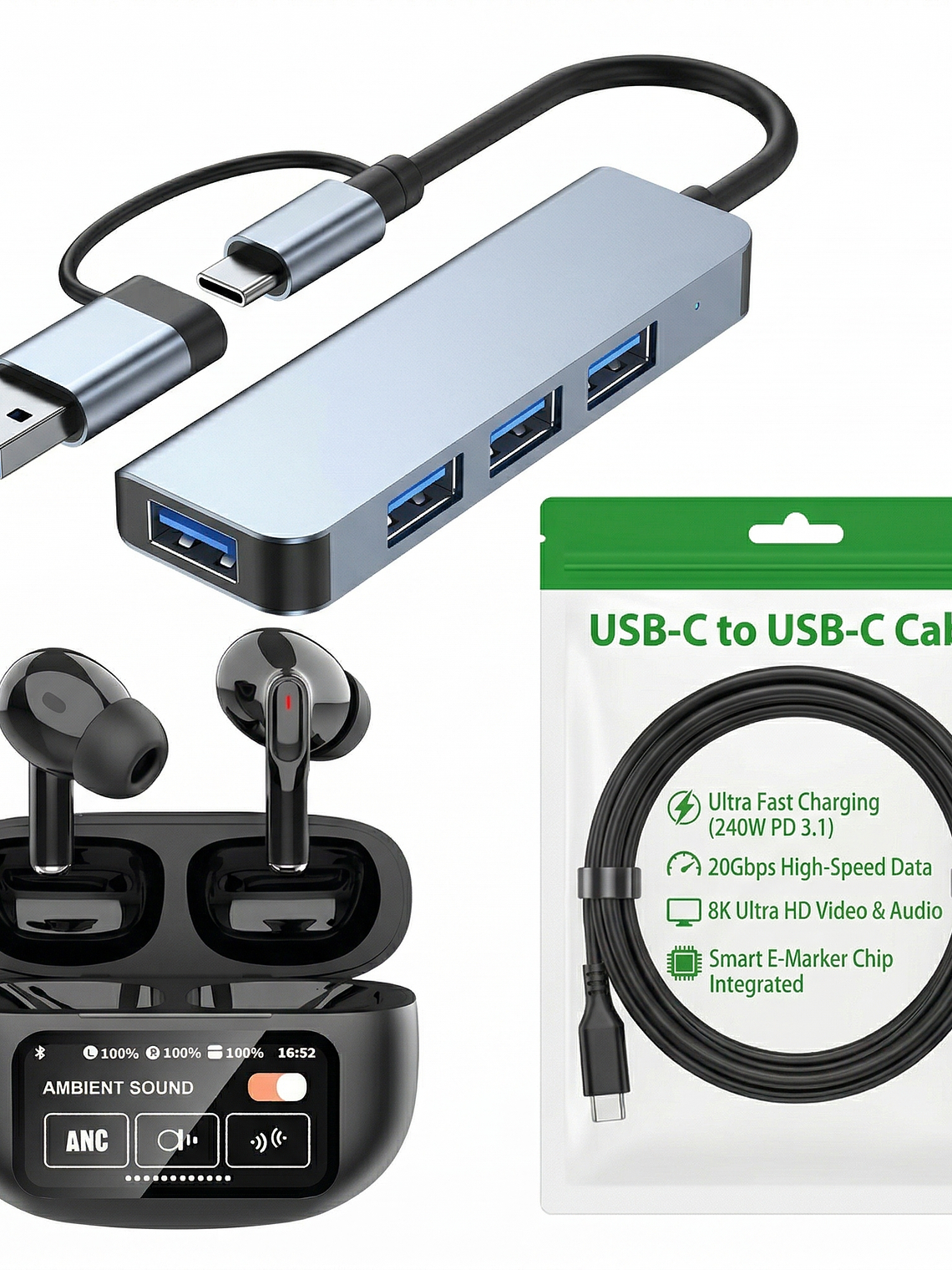 Kit Gamer: Hub 4 en 1 + Cable Type-C 240W + Audífonos A9+ 1