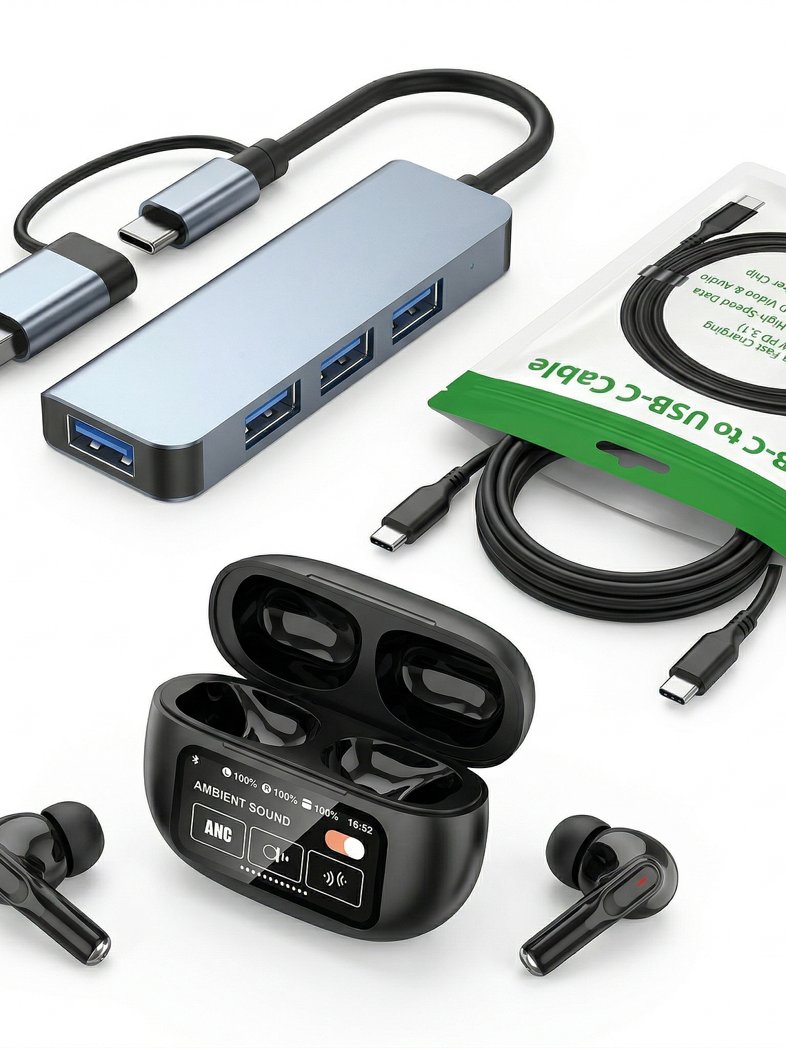 Kit Gamer: Hub 4 en 1 + Cable Type-C 240W + Audífonos A9+ 2