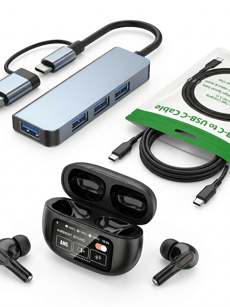 Kit Gamer: Hub 4 en 1 + Cable Type-C 240W + Audífonos A9+ 2