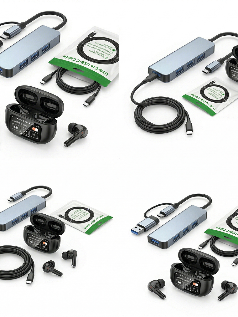 Kit Gamer: Hub 4 en 1 + Cable Type-C 240W + Audífonos A9+ 3