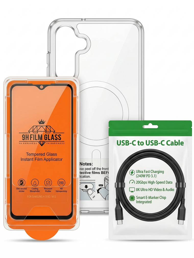 Pack 3 en1 Samsung A15: Carcasa + Vidrio + Cable USB-C 240W 1