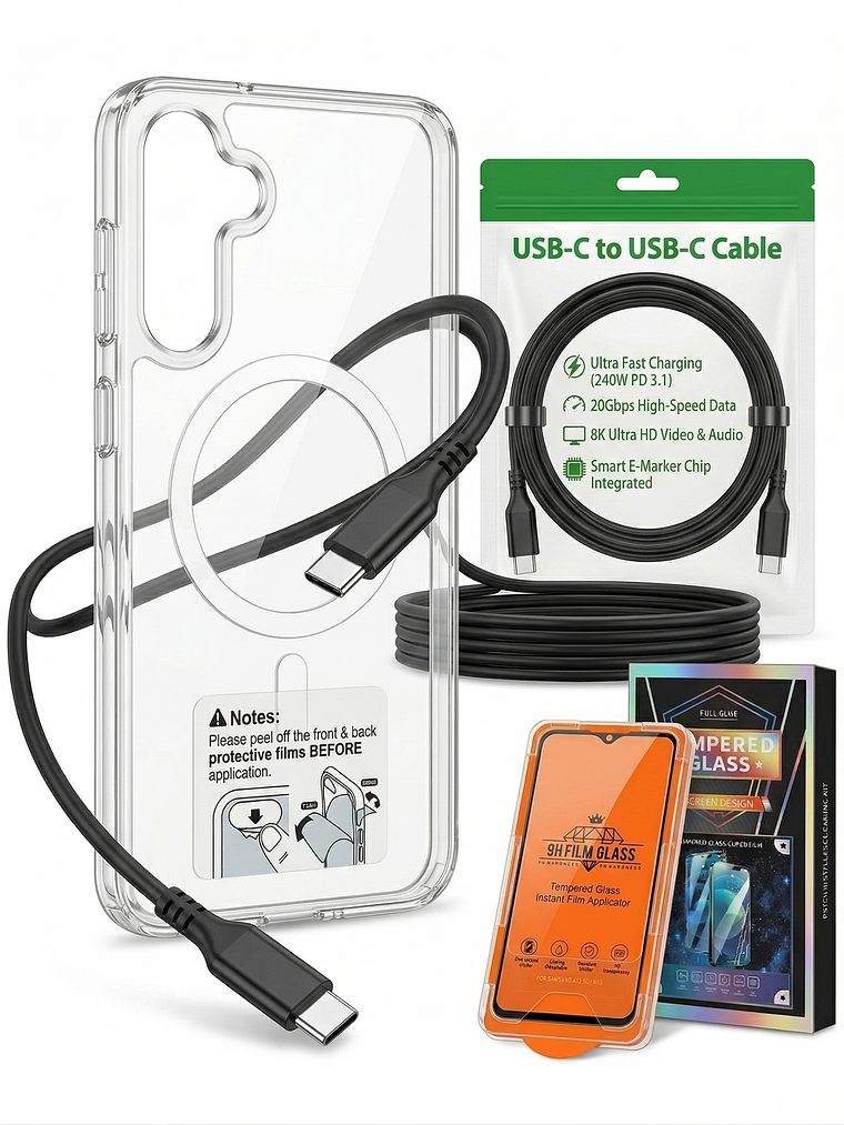 Pack 3 en1 Samsung A15: Carcasa + Vidrio + Cable USB-C 240W 5