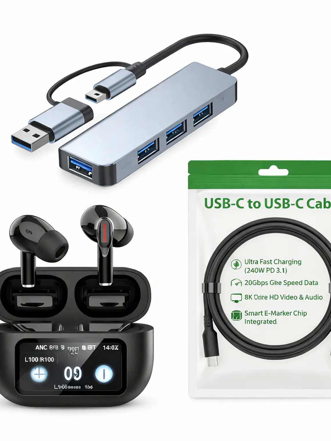 Pack Tech Pro Hub USB-C 4K + Cable 240W + Audífonos A9+ 2