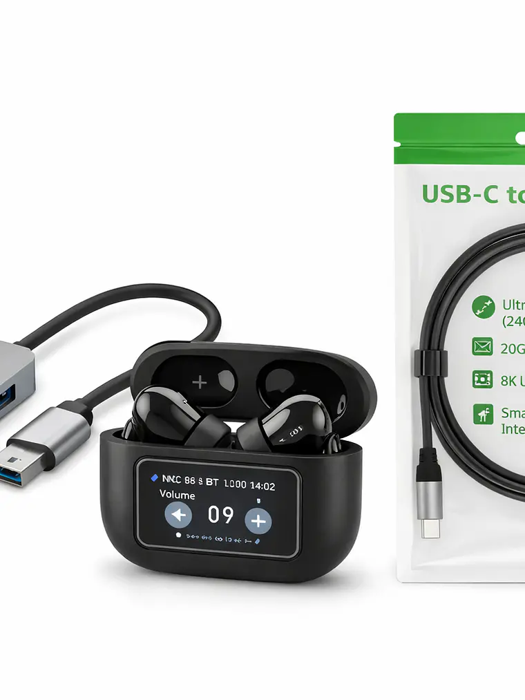 Pack Tech Pro Hub USB-C 4K + Cable 240W + Audífonos A9+ 4
