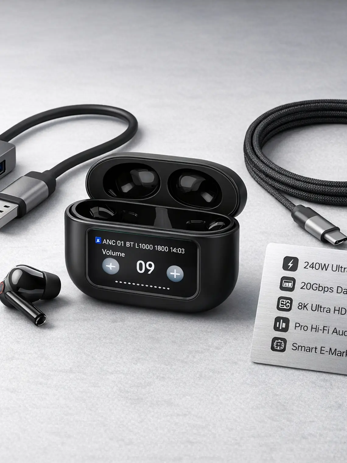Pack Tech Pro Hub USB-C 4K + Cable 240W + Audífonos A9+ 1