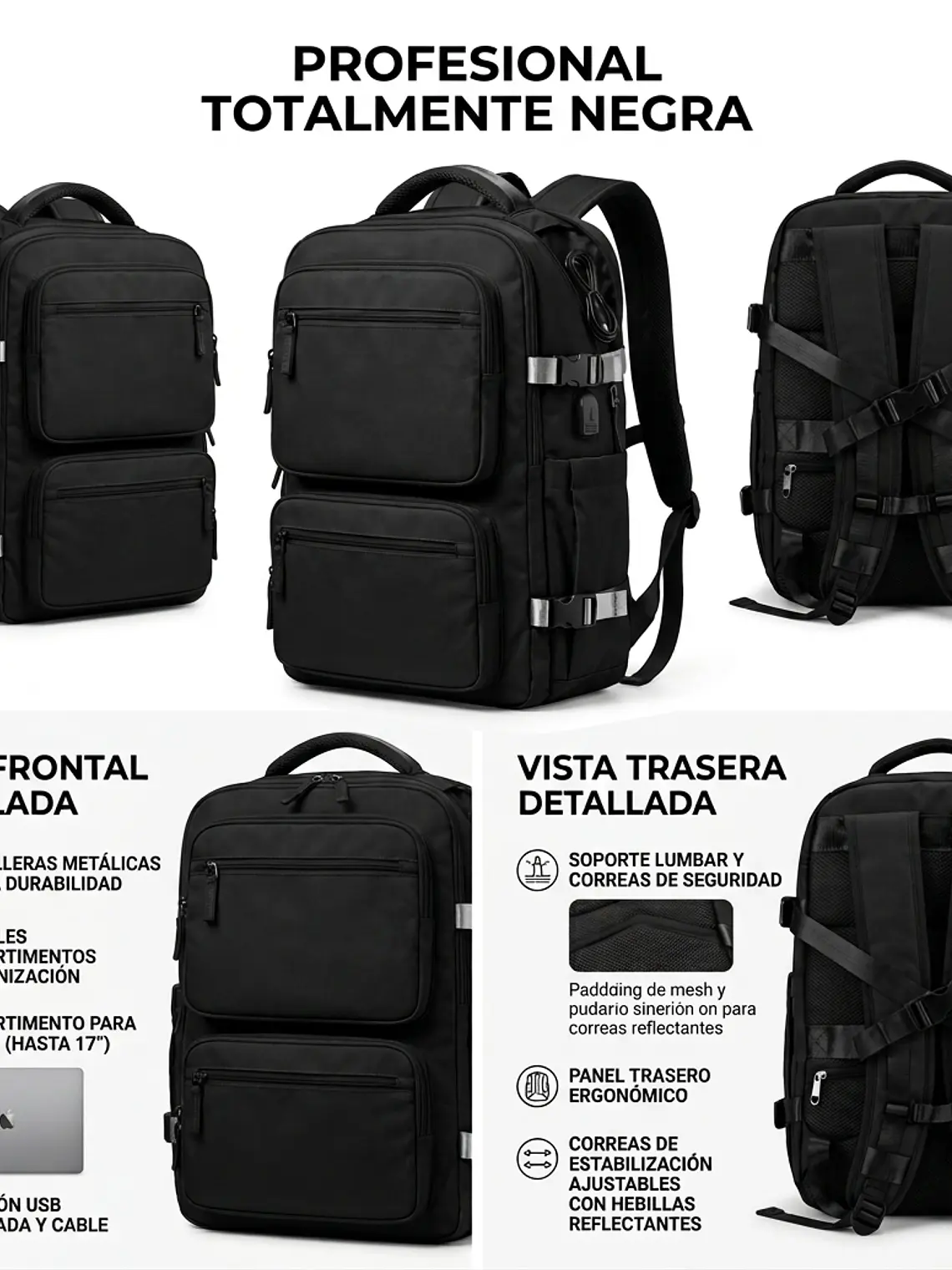 Mochila Urbana D&B Éirí 30L Laptop 15.6 USB 6 Bolsillos - Negro/Gris 3