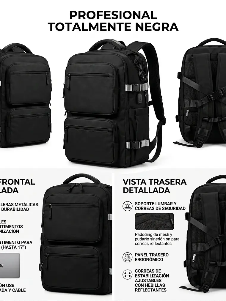 Mochila Urbana D&B Éirí 30L Laptop 15.6 USB 6 Bolsillos - Negro/Gris 3