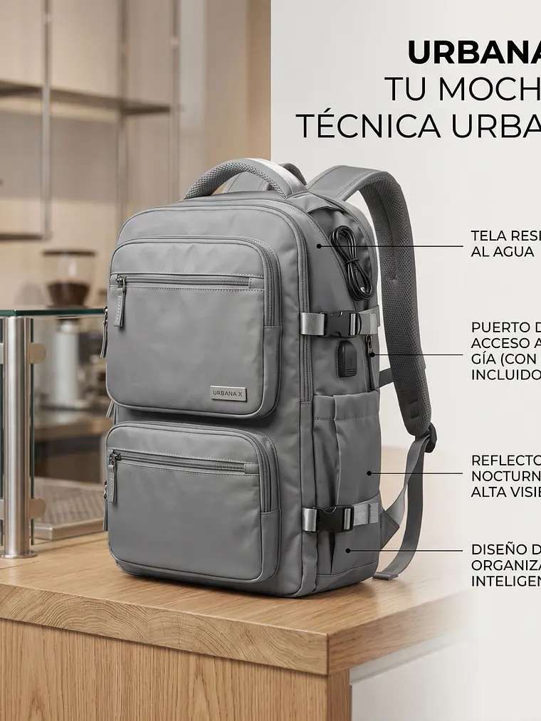 Mochila Urbana D&B Éirí 30L Laptop 15.6 USB 6 Bolsillos - Negro/Gris 11