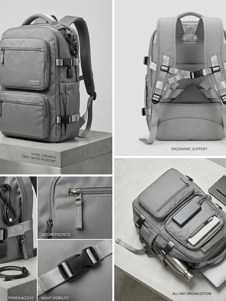 Mochila Urbana D&B Éirí 30L Laptop 15.6 USB 6 Bolsillos - Negro/Gris 12