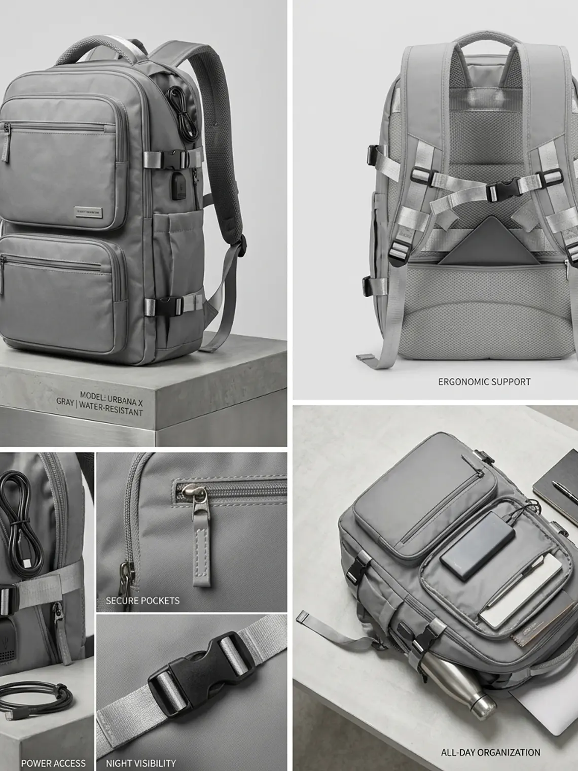 Mochila Urbana D&B Éirí 30L Laptop 15.6 USB 6 Bolsillos - Negro/Gris 13