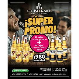 25 CAJAS CORONA 620 ML. + 25 CAJAS SOL 650 ML.