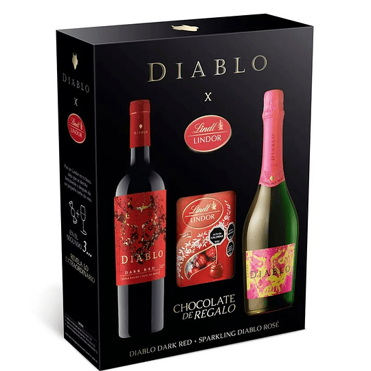 PACK VINO DIABLO RED 750 ML.  + ESPUMANTE ROSE SPARK DIABLO 750 ML. + CHOCOLATE LINDOR