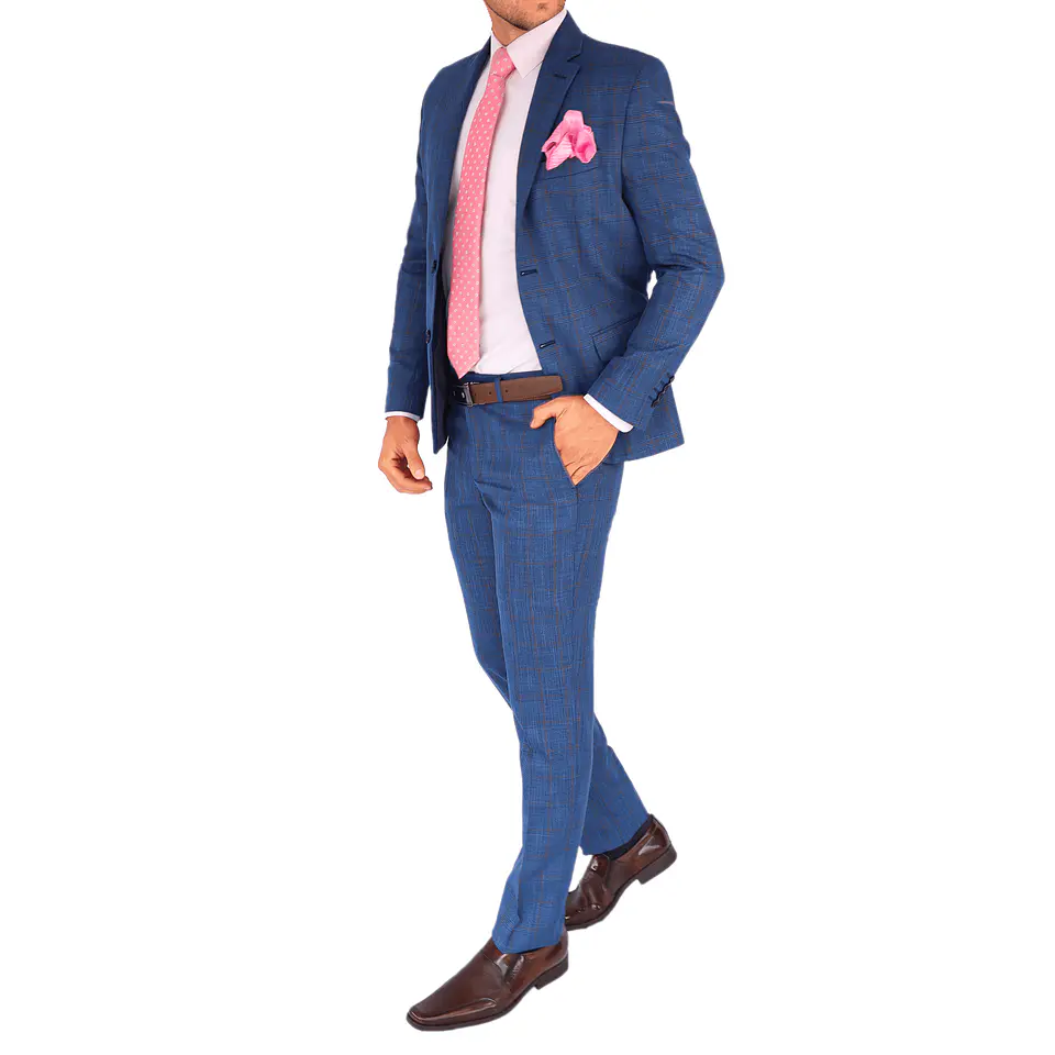 Traje Azul Clásico a Cuadros Naranja  3
