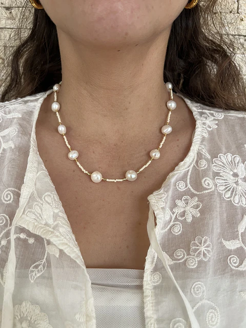 Collar miyuki y perlas blanco