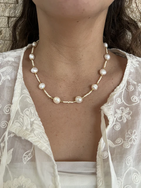 Collar miyuki y perlas blanco