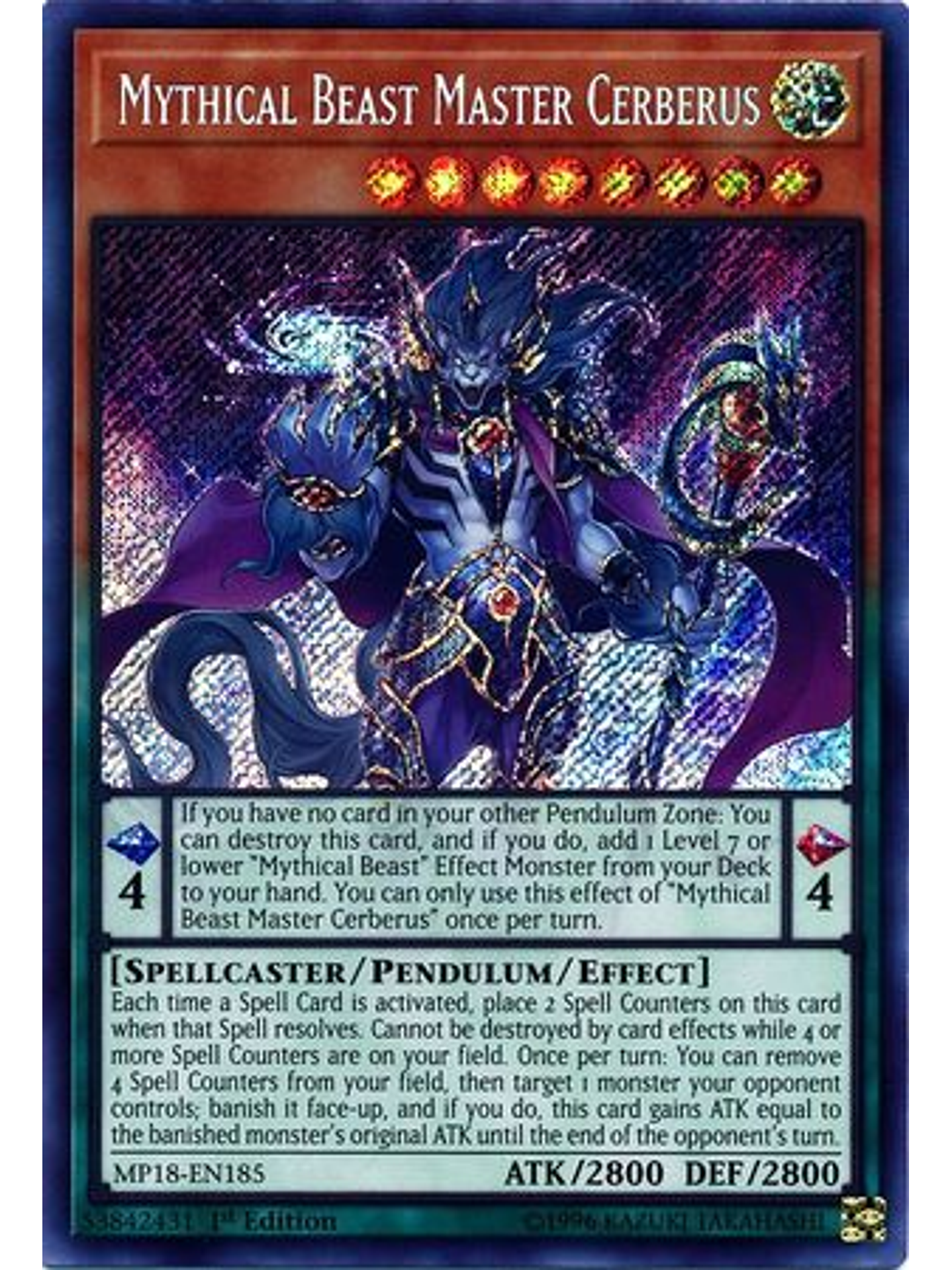 Mythical Beast Master Cerberus - MP18-EN185 - Secret Rare 1st Edition 1