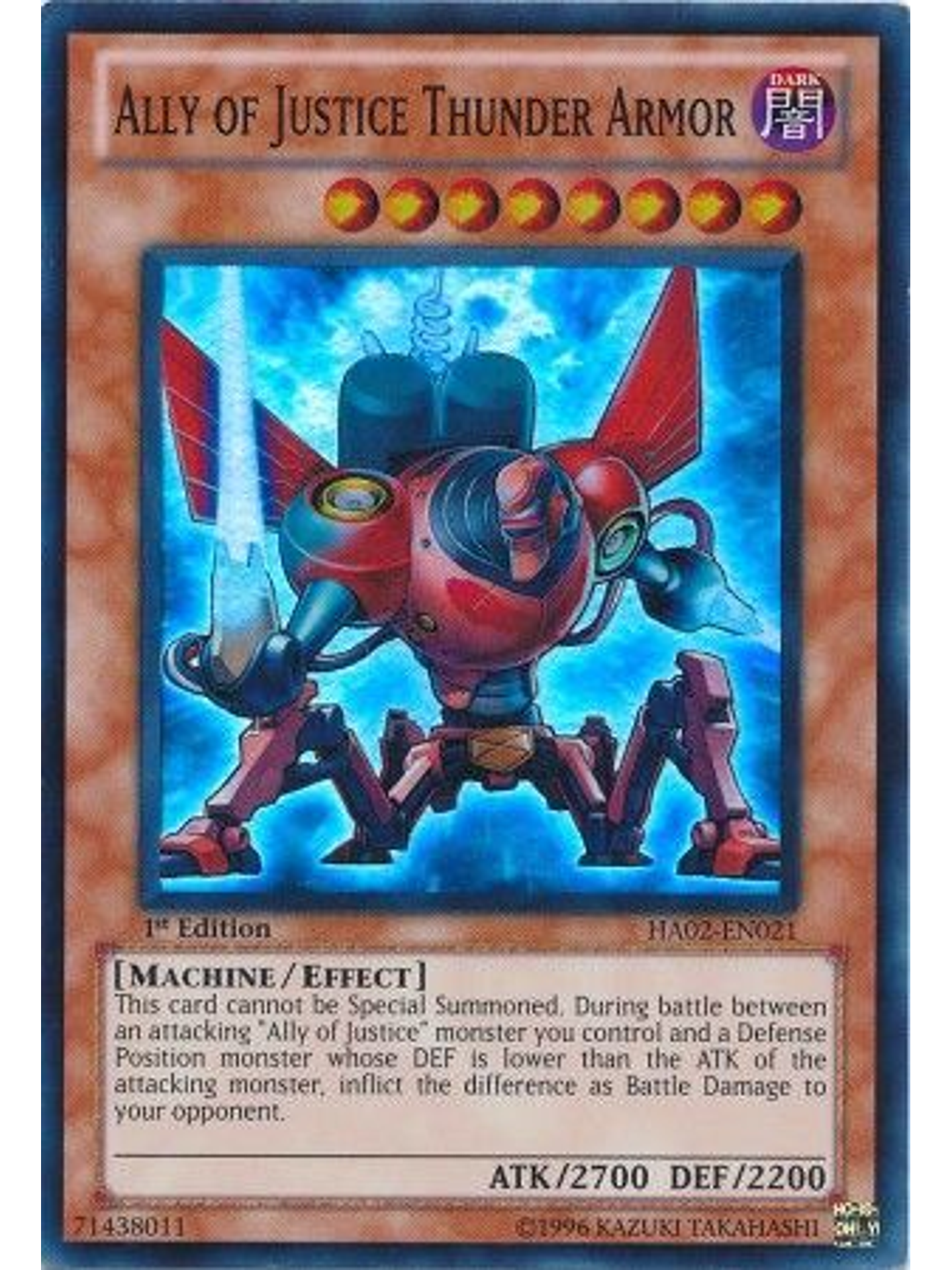 Ally of Justice Thunder Armor - HA02-EN021 - Super Rare 1st Edition 1