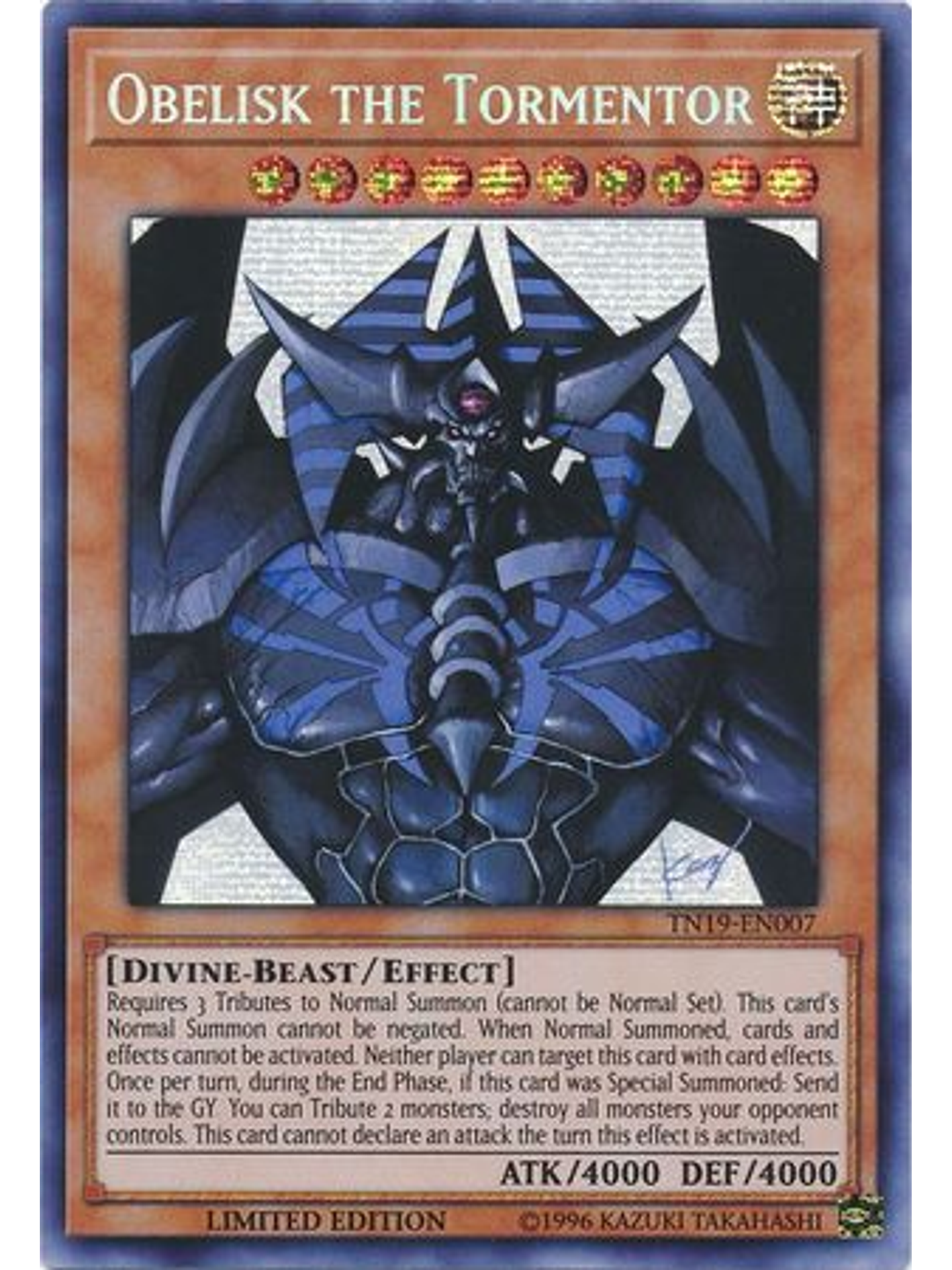 Obelisk The Tormentor - tn19-en007 - Prismatic Secret Rare Limited Edition 1