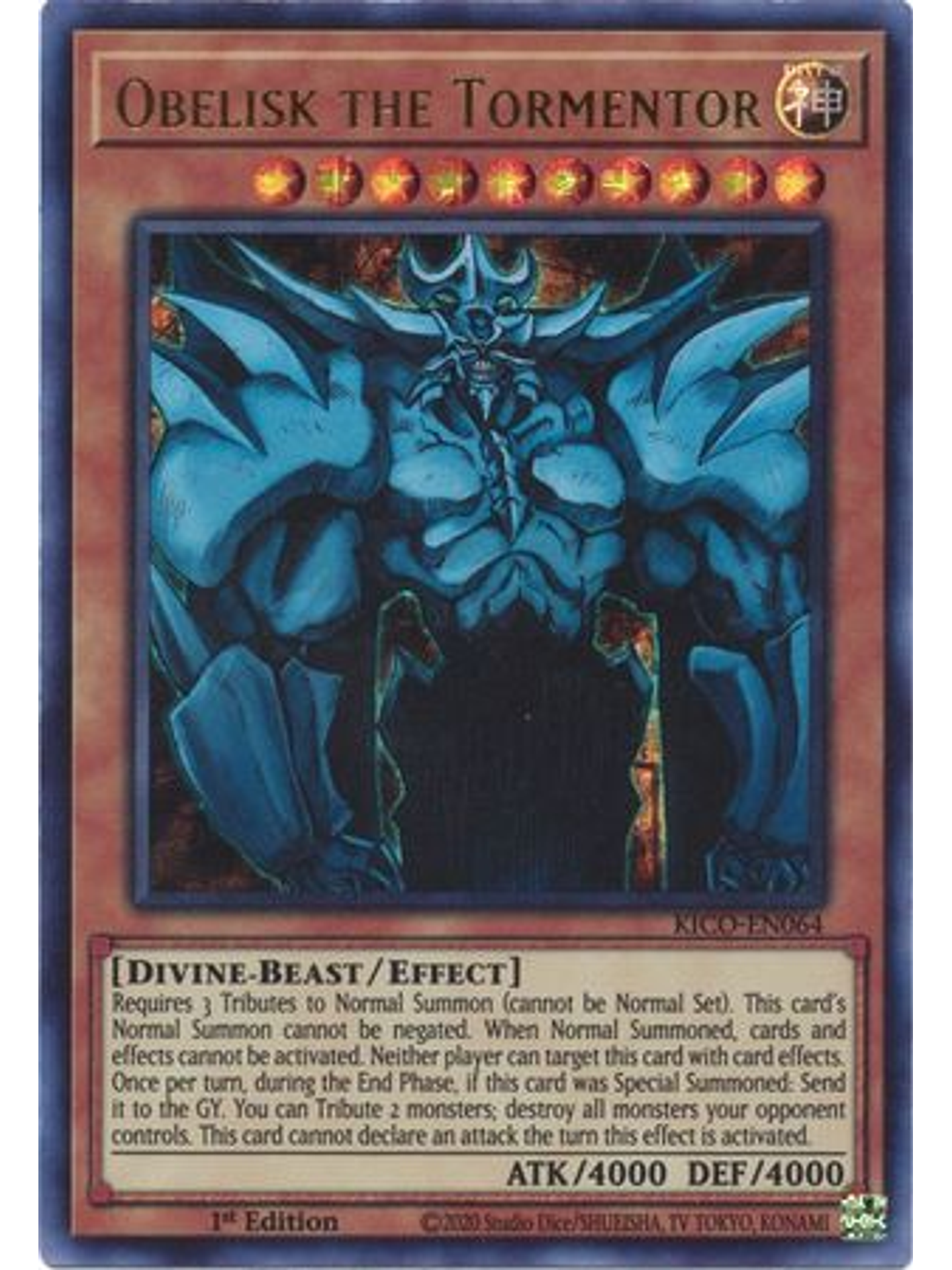 Obelisk the Tormentor - KICO-EN064 - Pharaoh Secret Rare 1st Edition 1
