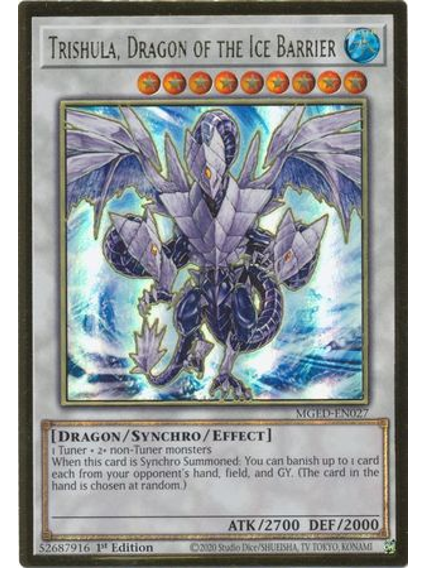 Trishula, Dragon of the Ice Barrier - MGED-EN027 - Premium Gold Rare 1st Edition 1