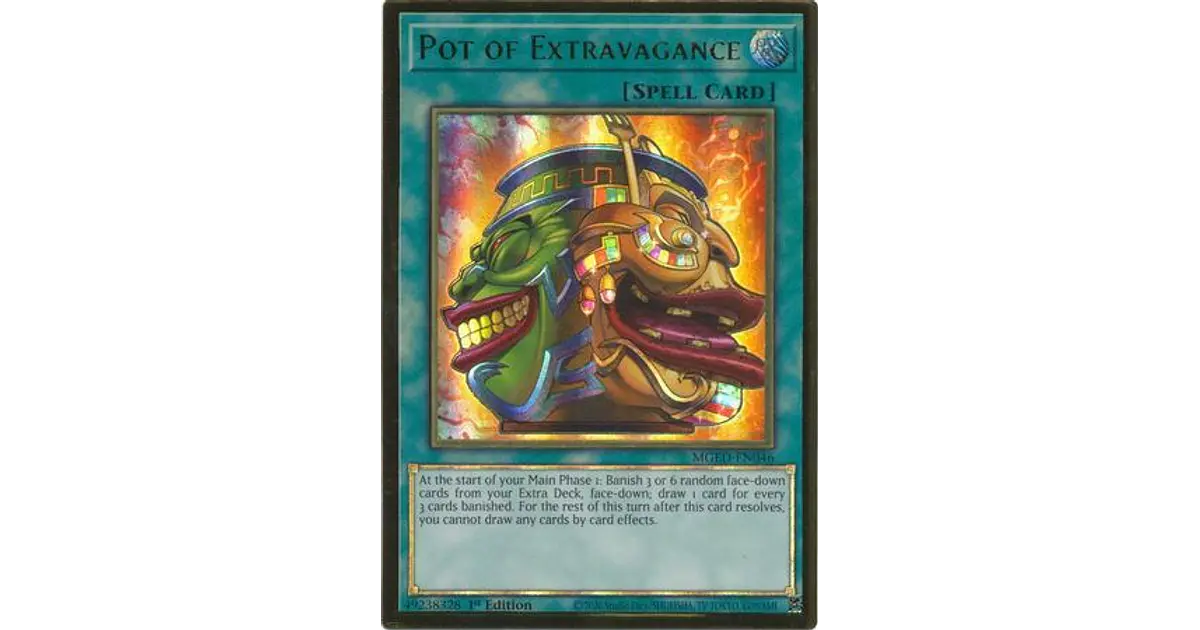 Yu-Gi-Oh! Sammelkarte „Pot Of Extravagance“ – MGED-EN046, Premium Gold Rare, 1. Auflage