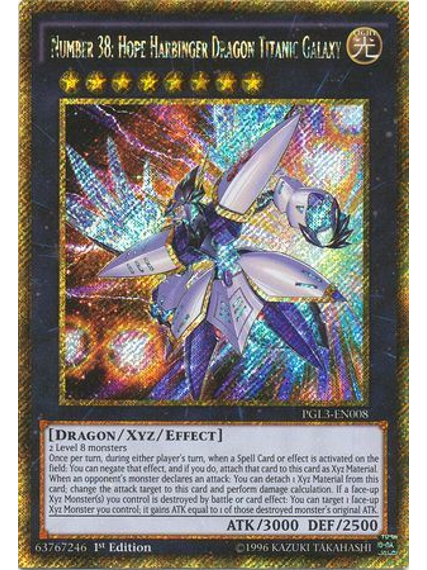 Number 38: Hope Harbinger Dragon Titanic Galaxy - PGL3-EN008-Gold Secret Rare 1st Ed 1
